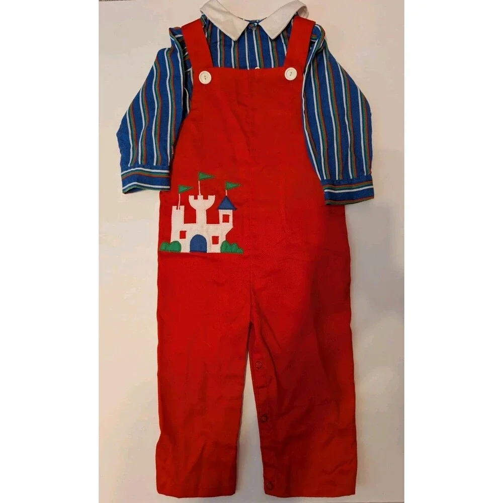 Vintage 2pcs Striped Collared Top & Red Overalls Castle Outfit Size 18-24 Months